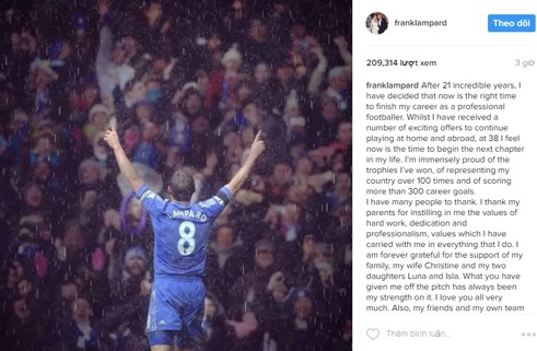 FL8 đăng một đoạn tâm tư rất dài trên trang Instagram nói về quyết định của mình lampard giai nghe, bat dau su nghiep huan luyen vien