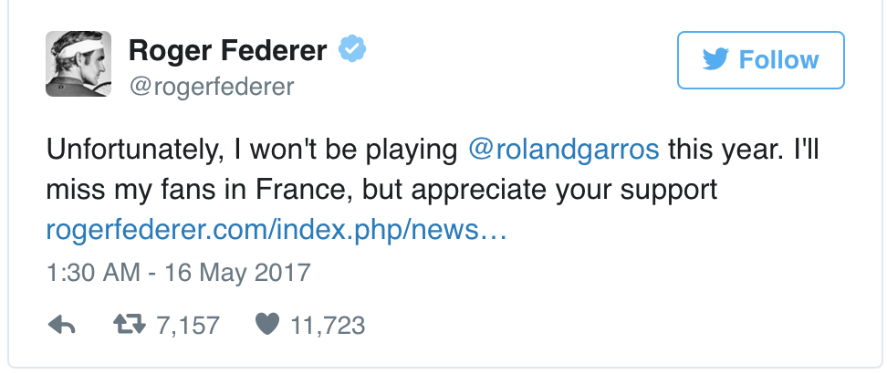 Roger Federer chia sẻ ngắn gọn trên Twitter về quyết định rút lui khỏi giải Pháp mở rộng 2017 Roger Federer chia se tren Twitter