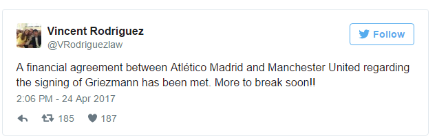 Người đại diện được FIFA công nhận và dòng tweets về thương vụ Griezmann Griezmann, Antoine Griezmann, Griezmann về MU, chuyển nhượng MU, tin chuyển nhượng MU, tin chuyển nhượng hôm nay 24/4