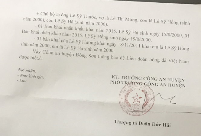 Văn bản trả lời của Công an huyện Đông Sơn U15 Hà Nội, U15 FLC Thanh Hóa, lê Sỹ Hồng, Lê Sỹ Hà, tin tức bóng đá việt nam, tin tức bóng đá việt, tin tức bóng đá 28/4,
