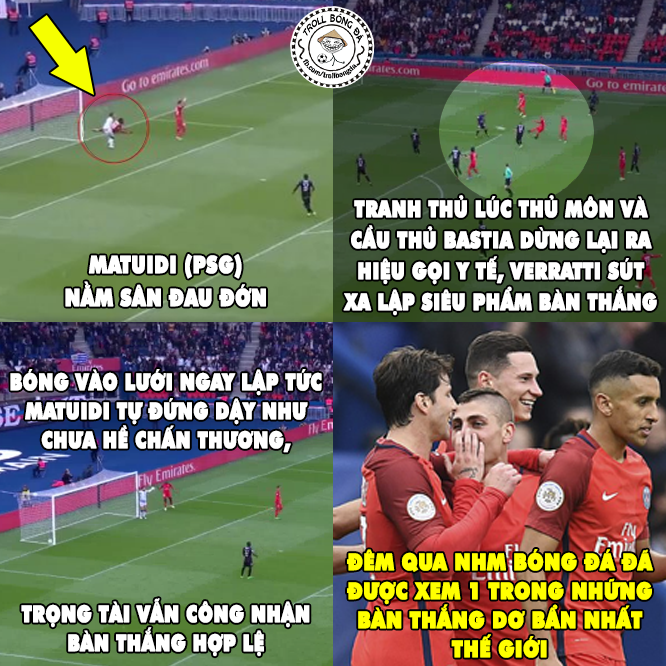 Fanpage Troll bóng đá gọi đây là 'bàn thắng dơ bẩn nhất thế giới (Ảnh: FB Troll bóng đá) Verratti, PSG,Bàn thắng xấu xí của Verratti, Bàn thắng xấu xí của PSG, PSG 5-0 Bastia