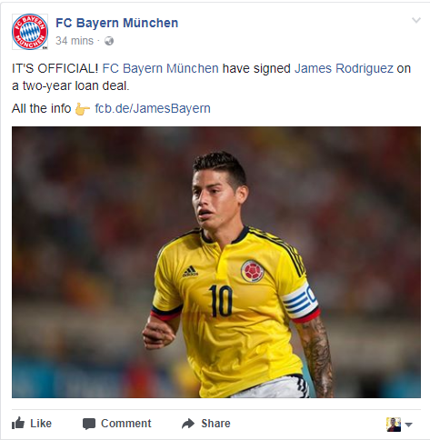 Và thông báo trên trang fanpage facebook James Rodriguez, James, Bayern Munich, thông tin chuyển nhượng chính thức,