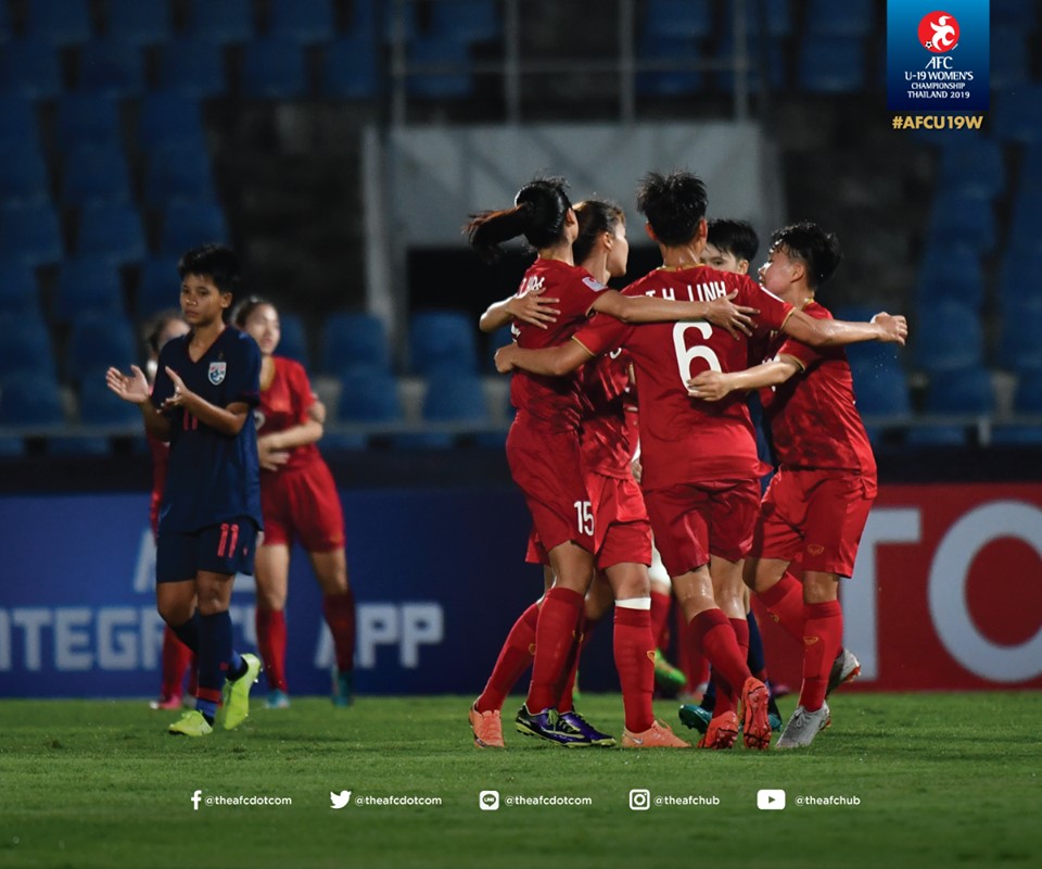 Các cầu thủ U19 nữ Việt Nam có trận đấu xuất sắc trước U19 nữ Thái Lan. Ảnh: AFC kết quả U19 nữ Việt Nam vs U19 nữ Thái Lan, U19 nữ Việt Nam, VCK U19 nữ châu Á 2019