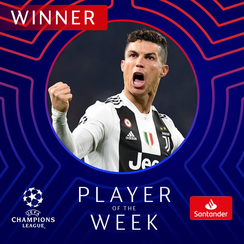 Ronaldo nhận danh hiệu Cầu thủ xuất sắc nhất tuần ronaldo lập hat-trick, champions league, cúp c1, ronaldo, ronaldo vượt messi, cầu thủ xuất sắc nhất tuần, juventus 3-0 atletico