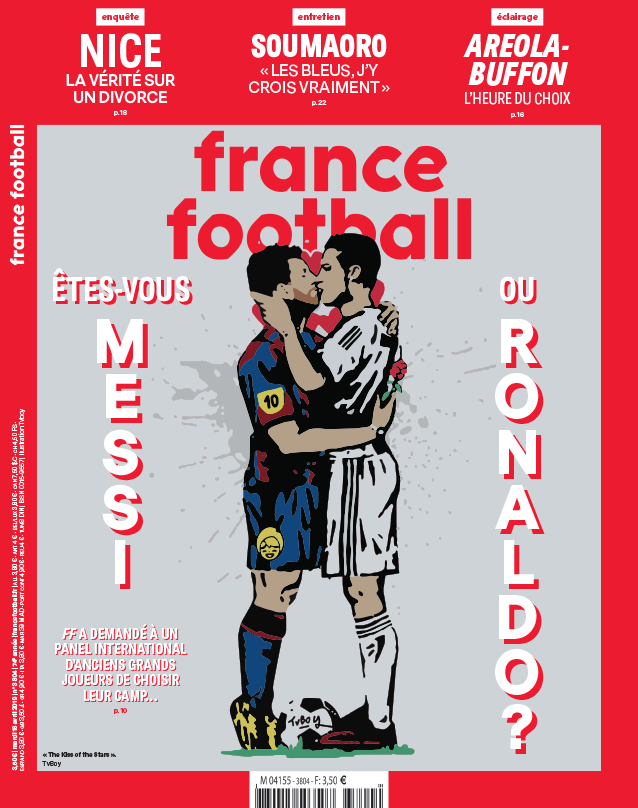 Trang bìa của tạp chí France Football số ra 16/4 Ronaldo, Messi, Ronaldo và Messi, Ronaldo hôn Messi, Barca, Juventus,