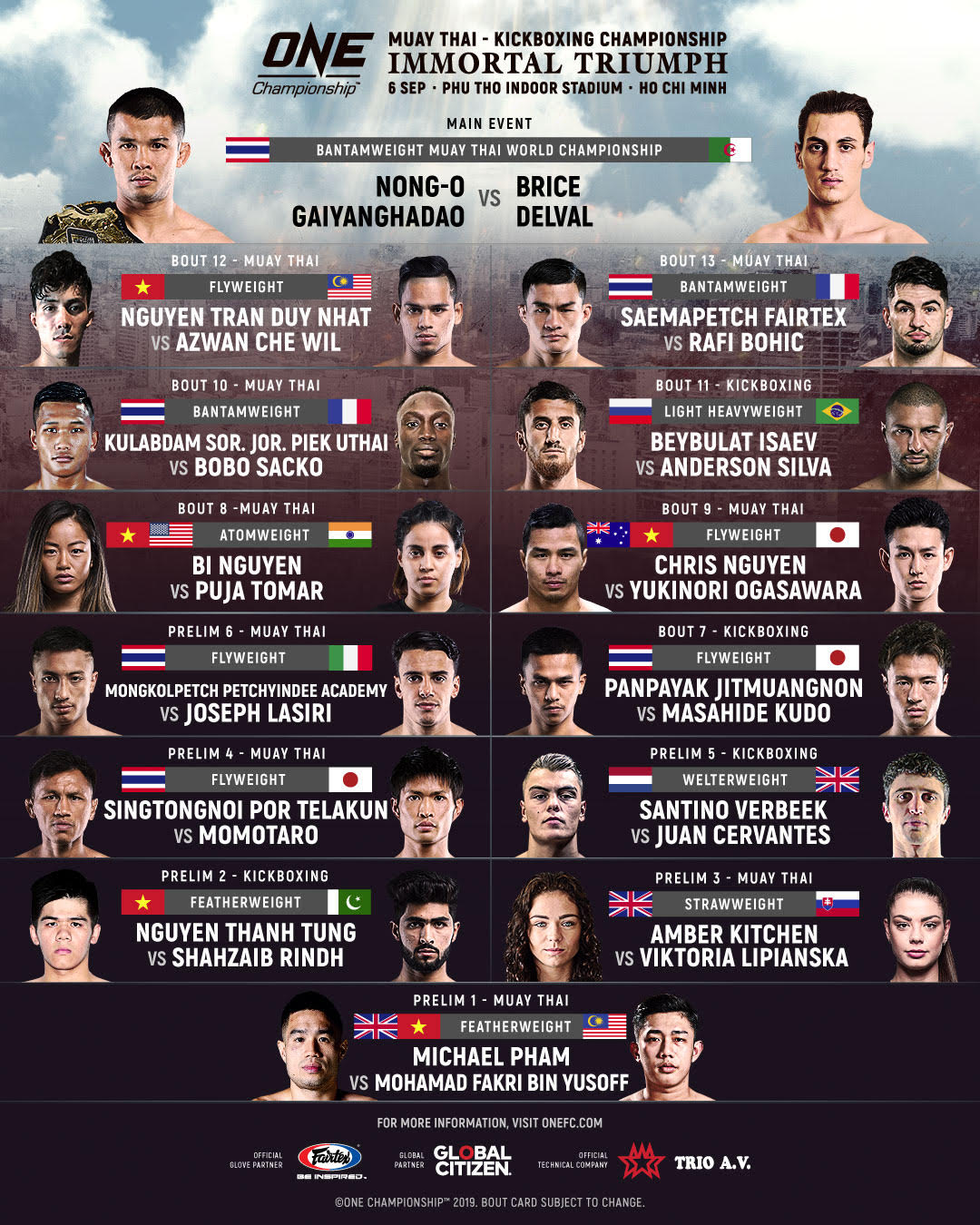 Danh sách các trận đấu tại ONE Championship: Immortal Triump. Ảnh: ONE Championship ONE Championship, Bi Nguyễn, Nguyễn Trần Duy Nhất, Muay Thai, Việt Nam