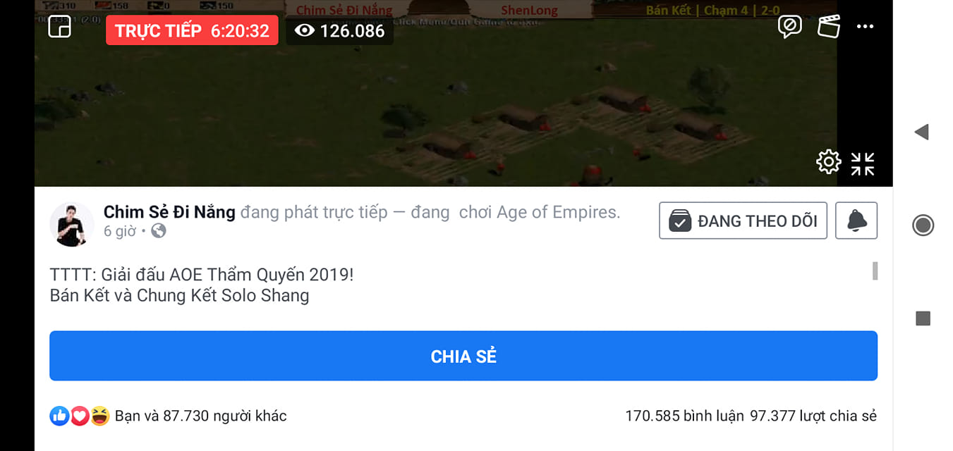 Kỷ lục thế giới mới của game thủ Chim Sẻ Đi Nắng. Ảnh chụp màn hình Chim Sẻ Đi Nắng, Chim Sẻ Đi Nắng phá kỷ lục, CSDN, AOE, AOE Thâm Quyến, Chim Sẻ phá kỷ lục thế giới, kỷ lục livestream