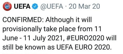 UEFA thông báo EURO 2020 được giữ nguyên tên gọi (Ảnh chụp màn hình) uefa
