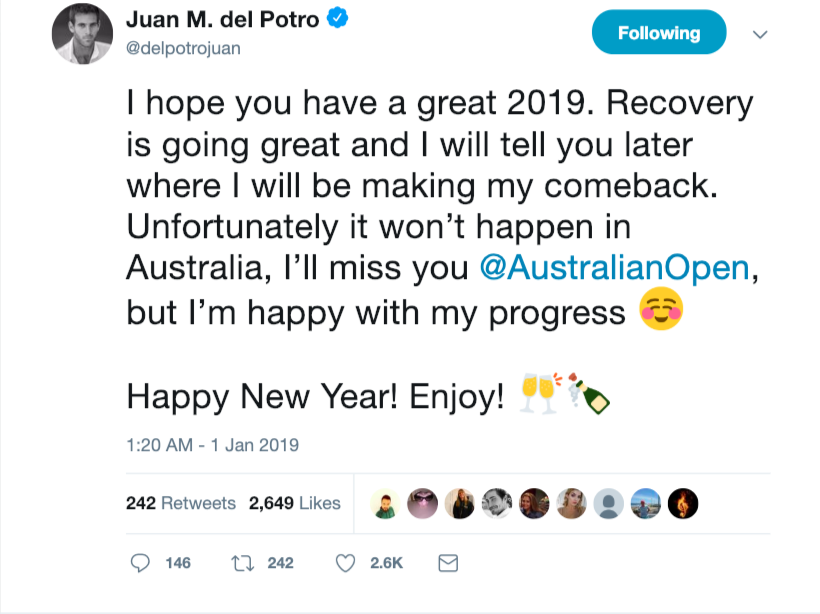 Del Potro thông báo về việc nghỉ thi đấu trên Twitter Tennis, Australian Open, Del Potro, Djokovic, Federer, Nadal, Zverev, Coric, US Open