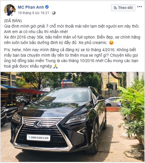 MC Phan Anh rao bán chiếc Lexus RX 350 trên fb cá nhân MC Phan Anh ban xe lexus rx 350