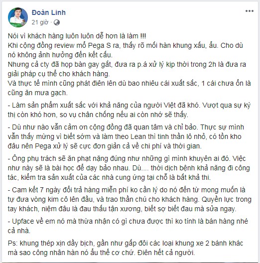 Ông Đoàn Linh thừa nhận nhược điểm về mối hàn khung xe máy điện PEGA-S PEGA-S