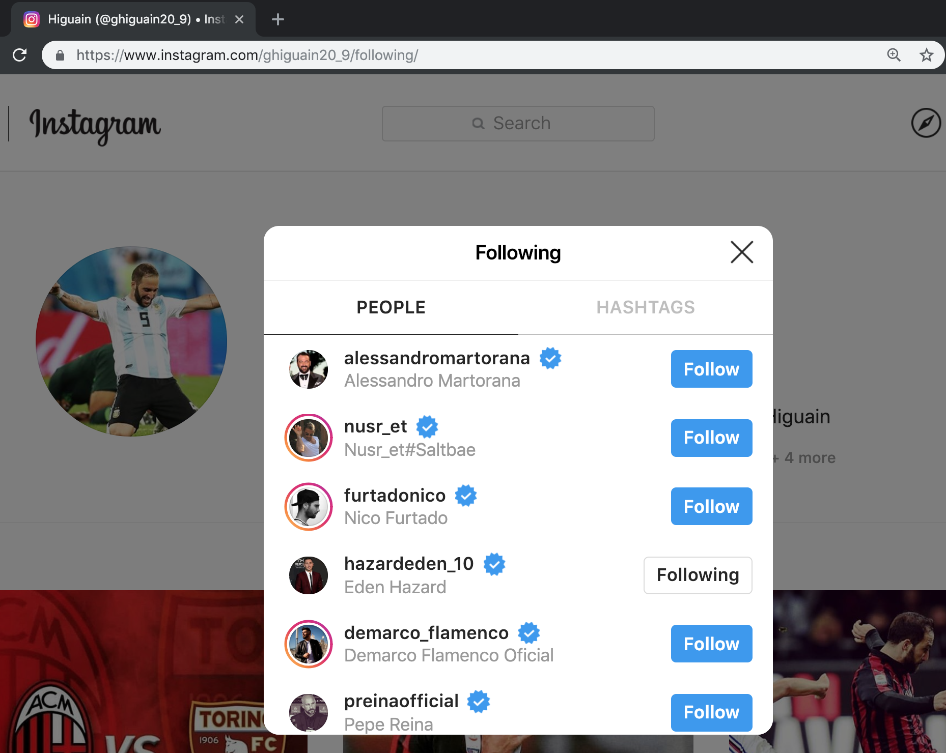 Higuain theo dõi tài khoản Instagram của Hazard Chelsea, AC Milan, Higuain, Morata, Giroud