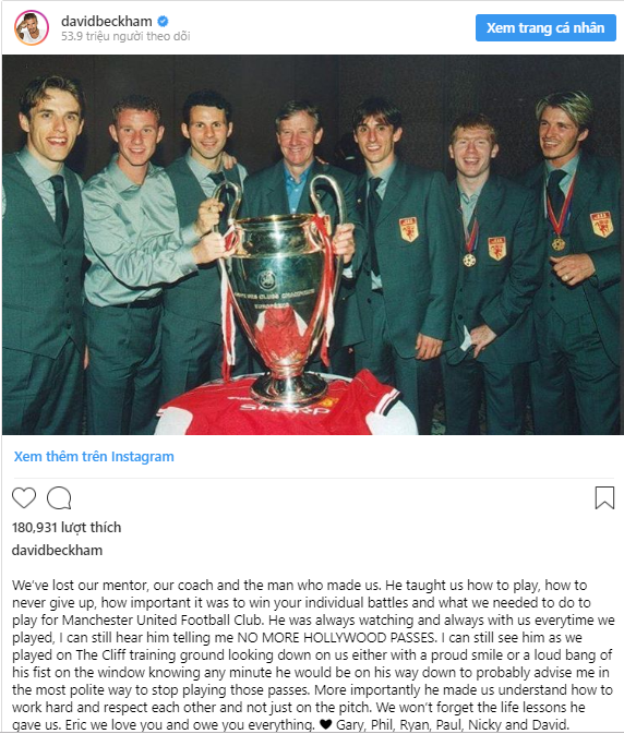 Beckham cũng bảy sự trân trọng với người thầy cũ Harrison, MU, Man United, Class of 92. HLV Harrison, HLV mu qua đời, Old Trafford, Beckham, Neville