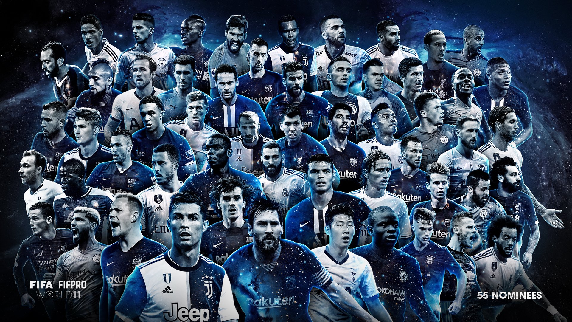 55 gương mặt trong danh sách rút gọn. Ảnh: FIFA fifa, ngoại hạng anh, FIFpro, đội hình xuất sắc nhất, the best, ronaldo, messi, salah, liverpool, man city, van dijk