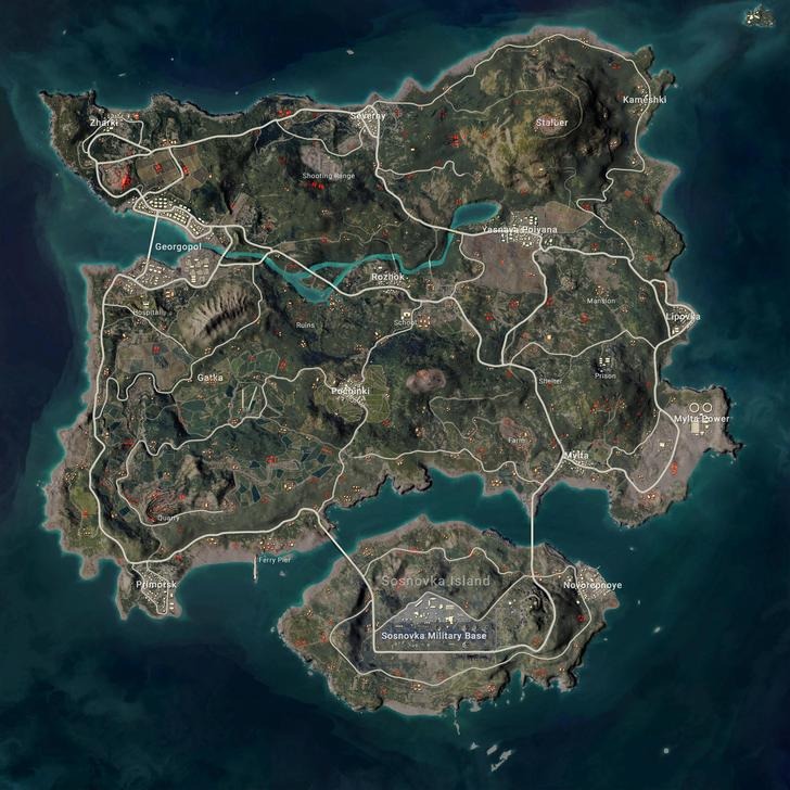 Các chấm đỏ là những tòa nhà mới sẽ được thêm vào trong Erangle (Ảnh: Gameworld) PUBG, Battle Royale, Erangel, Chỉnh sửa map PUBG