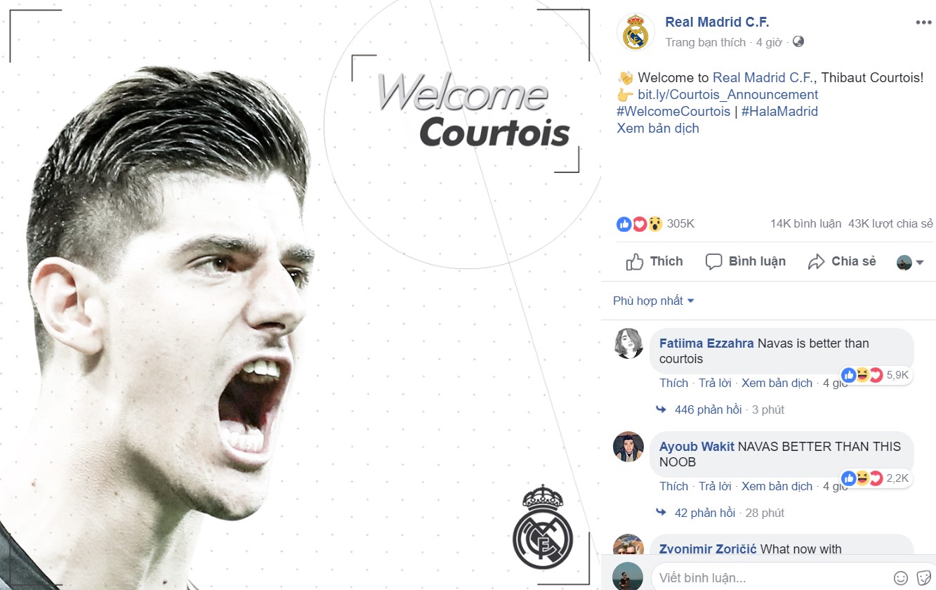 Real Madrid thông báo trên trang facebook