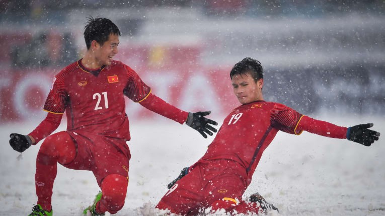 Quang Hai celebrated after a magnificent freekick in AFC u23 Championship 2018 final