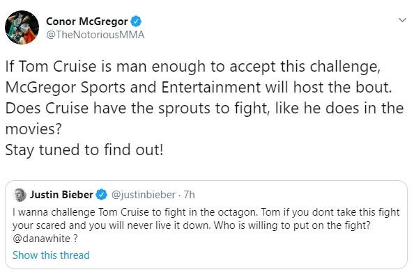Conor McGregor sẵn sàng đứng ra tổ chức cuộc đấu này Justin Bieber thách đấu Tom Cruise, Justin bieber, Tom cruise, sàn MMA, võ sĩ mma