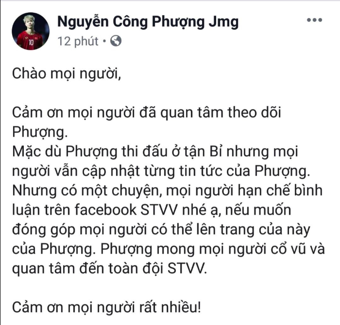 Lời kêu gọi trên trang cá nhân của Công Phượng công phượng, sint-truiden, stvv, sint-truiden vs zulte waregem, công phượng ra sân