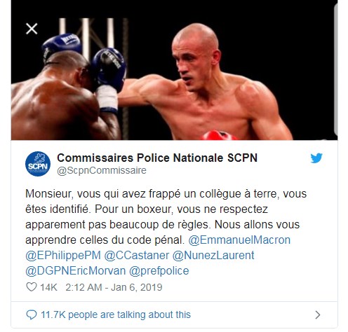 Twitter của Hiệp hội Sĩ quan Cảnh sát đã chỉ đích danh Dettinger và tuyên bố sẽ truy tố sự việc. võ sĩ boxing, bạo động tại pháp, võ sĩ tấn công cảnh sát,