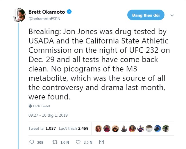Brett Okamoto cho biết hai mẫu thử tới USADA và CSAC hoàn toàn âm tính. mma, ufc, jon jones, jon jones chất cấm, ufc 232