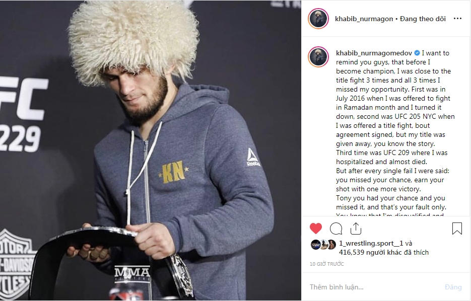 Khabib 'lên lớp' Tony Ferguson về việc bỏ lỡ những cơ hội. khabib nurmagomedov, tony ferguson, ufc 2019, tranh đai ufc,