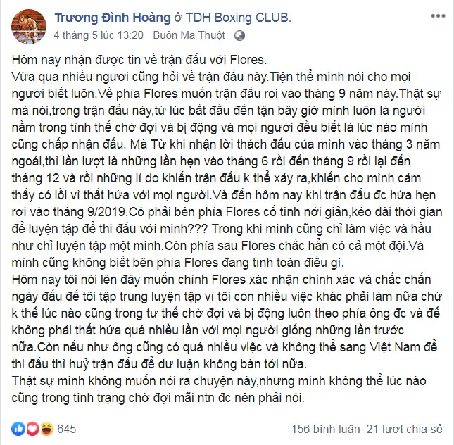 Sau thời gian bất bình, Trương Đình Hoàng quyết định công bố các thông tin về trận đấu trước khi tuyên bố 'hủy kèo'. trương đình hoàng, flores, vịnh xuân flores, boxer trương đình hoàng,