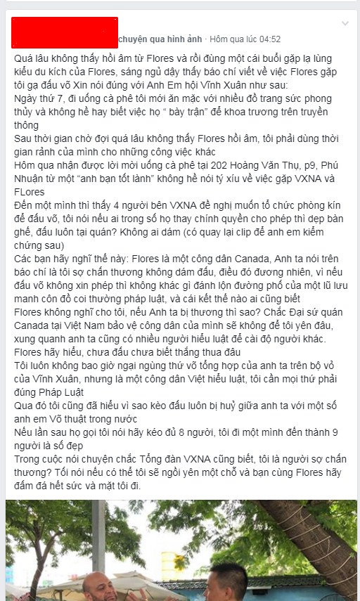 Toàn bộ sự việc được thuật lại bởi võ sư Nguyễn Huy Tùng về cuộc gặp với Flores và đại diện Vịnh Xuân Nam Anh. vịnh xuân flores, florex về việt nam, flores đột kích cao thủ vịnh xuân,