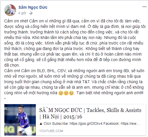 Sầm Ngọc Đức thông báo rời CLB Hà Nội chuyen nhuong viet nam, sam ngoc duc, ngoc duc ve tphcm