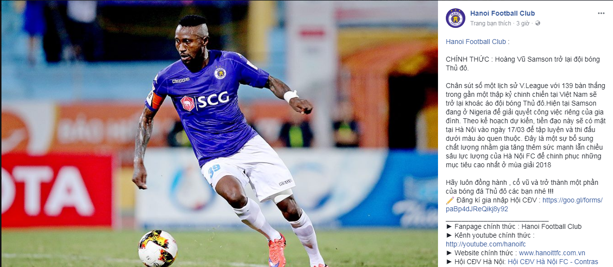 CLB Hà Nội thông báo Samson trở lại thi đấu ở V-League hoang vu samson, buriram, ha noi fc, vleague