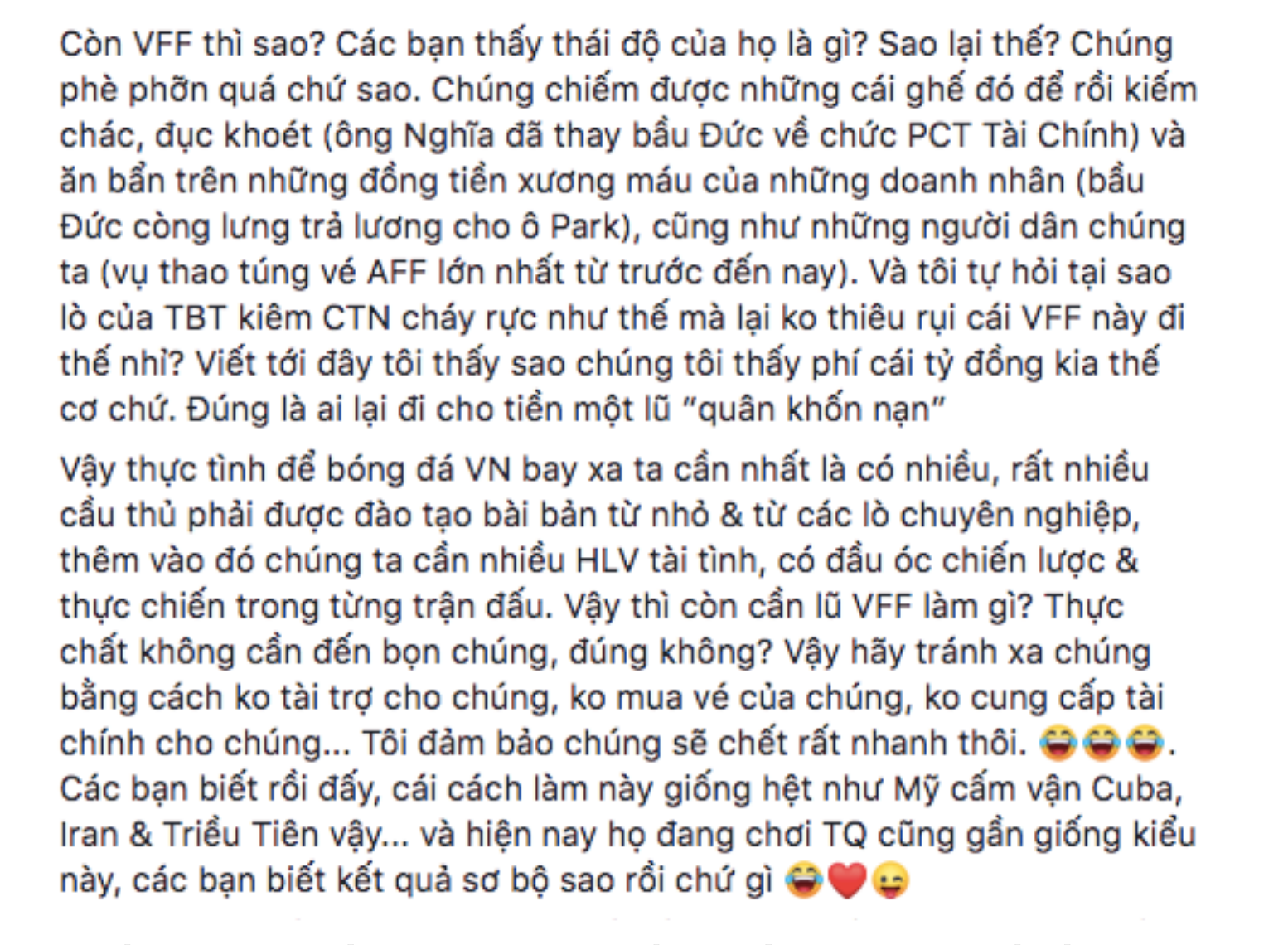 Nhiều lời lẽ nặng nề được hướng về phía VFF viet nam, thưởng tiền, hlv park, cen group