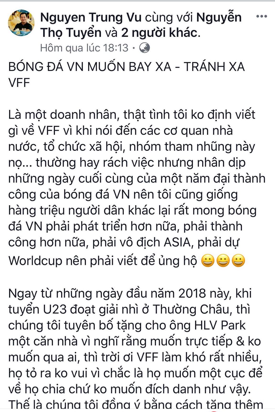 Ông Nguyễn Trung Vũ lên tiếng chỉ trích VFF viet nam, thưởng tiền, hlv park, cen group
