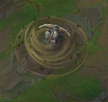Hiệu ứng hóa khổng lồ được nâng cấp với một cơn bão cát xoáy xung quanh Renekton, thể hiện rõ phạm vi gây sát thương của chiêu thức. Sẽ có rất nhiều chuồn chuồn và bọ hung bay trong cơn bão này