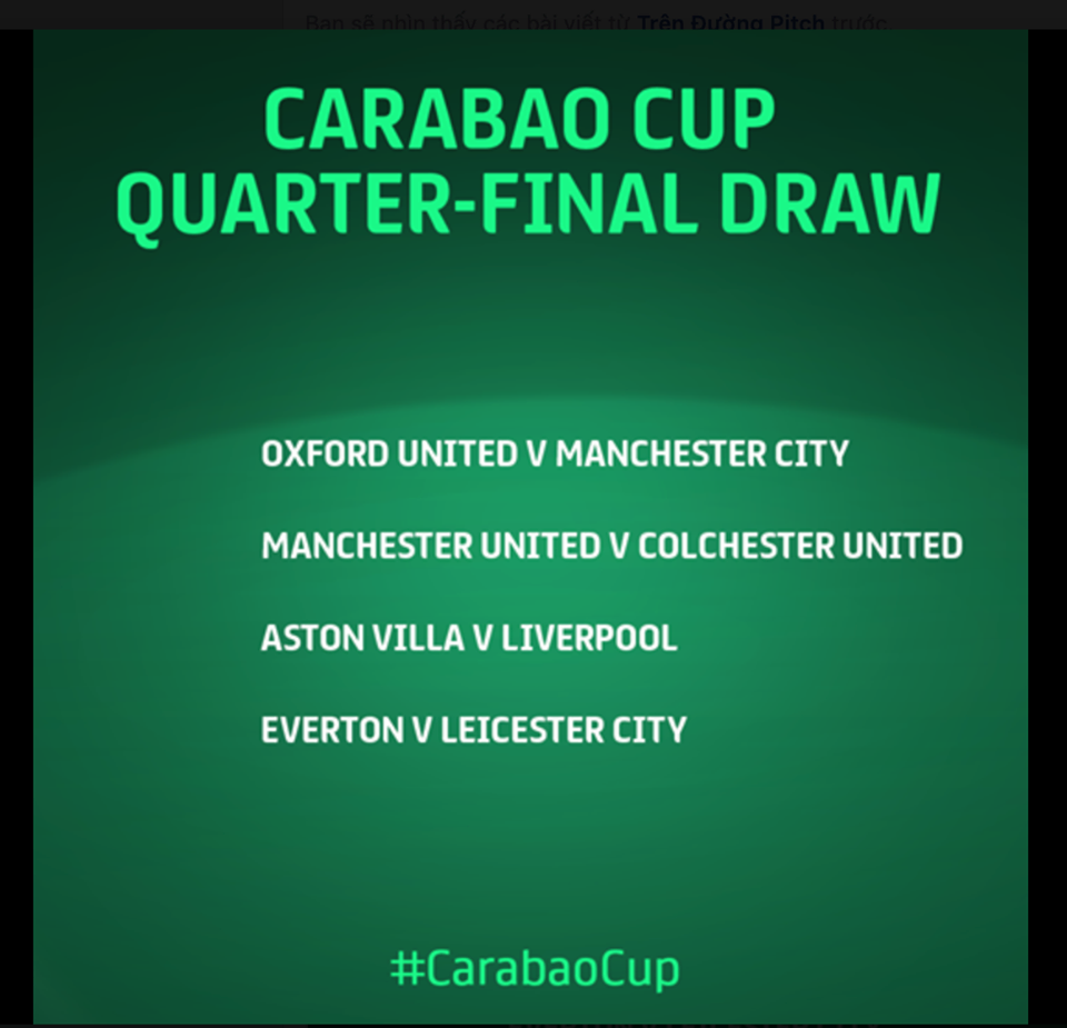 Lịch thi đấu vòng tứ kết cúp Liên đoàn Anh - Ảnh: Twitter Cúp Liên đoàn Anh, Carabao Cup, kết quả bốc thăm Carabao cup, lịch thi đấu cúp liên đoàn Anh, tứ kết cúp Liên đoàn Anh, tứ kết Carabao cup, MU, Man City, Liverpool
