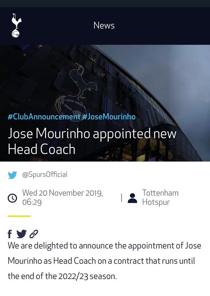 Twitter chính thức của Tottenham đăng tải thông báo - Ảnh: Twitter Tottenham, Pochettino, Mourinho, Tottenham sa thải HLV, HLV mới của Tottenham, Ngoại hạng Anh, Premier League