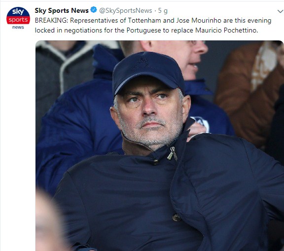 Sky Sports chia sẻ về diễn biến vụ Tottenham - Mourinho vào sáng nay. Ảnh: Twitter Tottenham, Pochettino, Mourinho, Tottenham sa thải HLV, HLV mới của Tottenham, Ngoại hạng Anh, Premier League