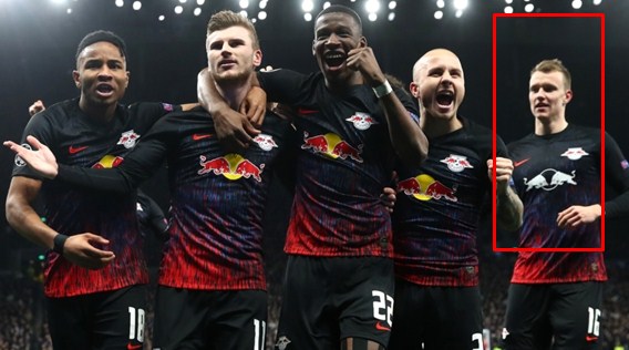 Klostermann ăn mừng bàn thắng của Werner với chiếc áo không logo - Ảnh: Internet Champions league, leipzig, tottenham, werner, kết quả tottenham 0-1 leipzig