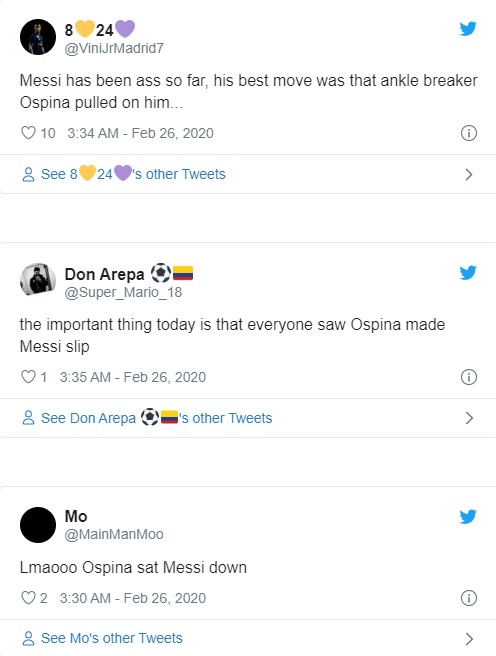 CĐV tỏ ra hả hê với pha bóng đáng quên của ngôi sao số 1 thế giới - Ảnh: Twitter napoli vs barca, champions league, kết quả napoli vs barca, messi, ospina