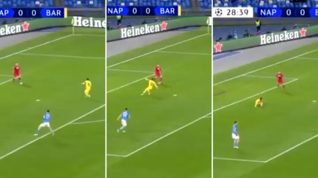 Pha bóng Ospina biến Messi thành 'gã hề' - Ảnh: Screenshot napoli vs barca, champions league, kết quả napoli vs barca, messi, ospina