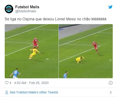 Đoạn video Ospina và Messi được chia sẻ nhiều trên MXH - Ảnh: Twitter napoli vs barca, champions league, kết quả napoli vs barca, messi, ospina