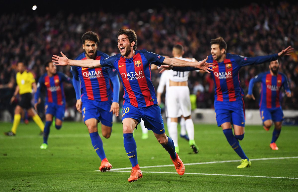 Các cầu thủ Barca vỡ òa sau bàn thắng của Sergi Roberto ở phút bù giờ cuối cùng liverpool vs barca, liverpool barca, liverpool, barca, mu vs bayern, mu, man utd, man united, bayern, c1, champions league, bán kết c1, chung kết c1, cúp c1