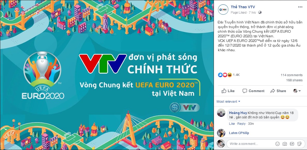 Trang Facebook chính thức của VTV thông báo sở hữu bản quyền EURO 2022 euro 2022, uefa euro 2020, euro 2022, euro, uefa,