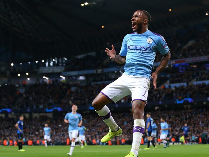 Sterling ăn mừng hat-trick vào lưới Atalanta. Ảnh: Twitter Raheem Sterling, Sterling, kết quả cúp c1, kết quả man city vs atalanta, man city 5-1 atalanta, cúp c1