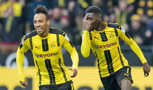 Aubameyang và Dembele khi còn khoác áo Dortmund. Ảnh: Getty Dortmund, Bóng đá đức, Cúp C1, sancho, aubameyang, haaland