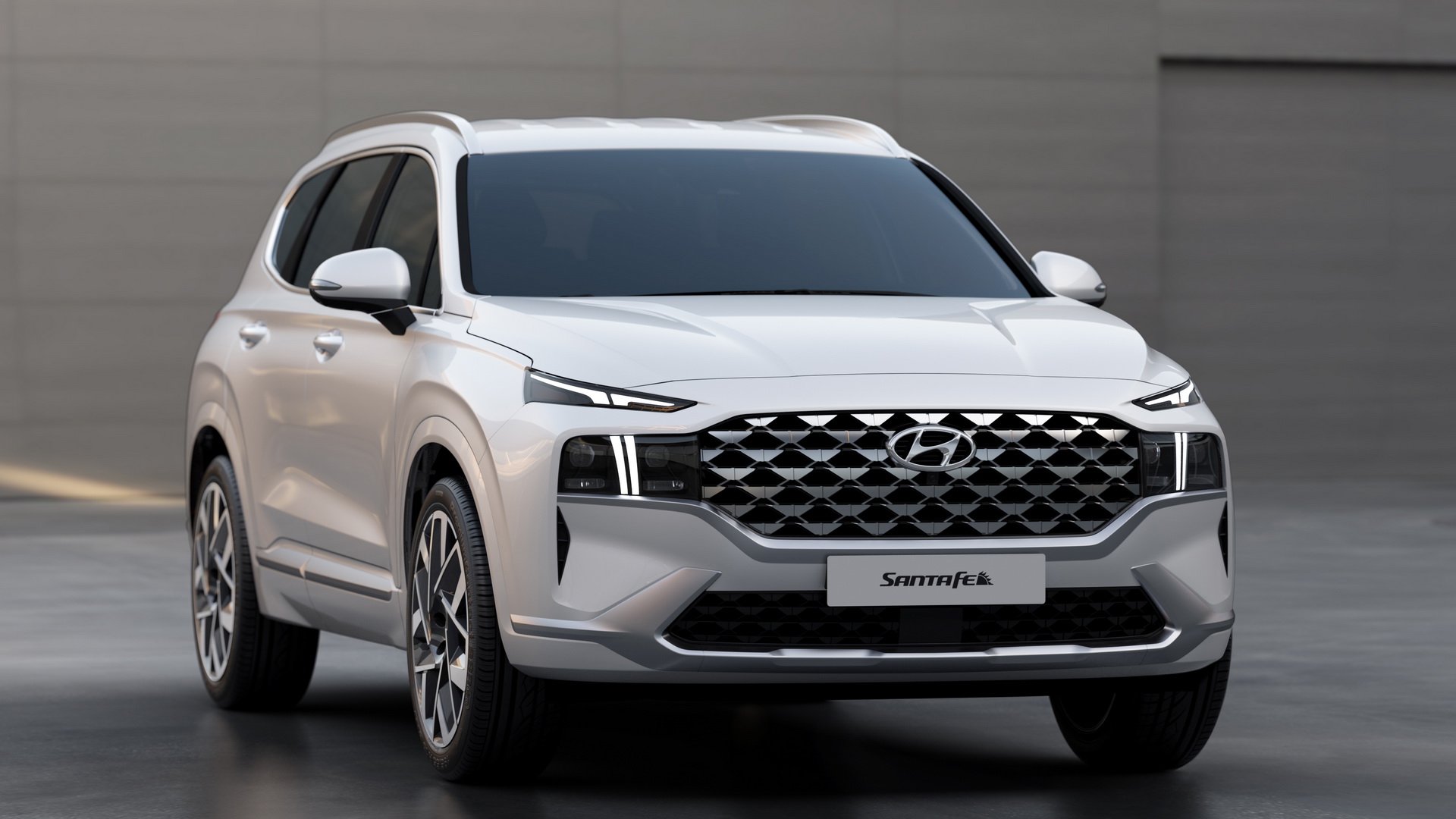 Thiết kế phần đầu xe Hyundai Santefe 2021 nổi bật với lưới tản nhiệt rộng và đèn ban ngày LED hình chữ T tách rời. Phần đầu xe Hyundai Santefe 2021