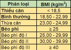 Bảng phân loại chỉ số khối cơ thể BMI