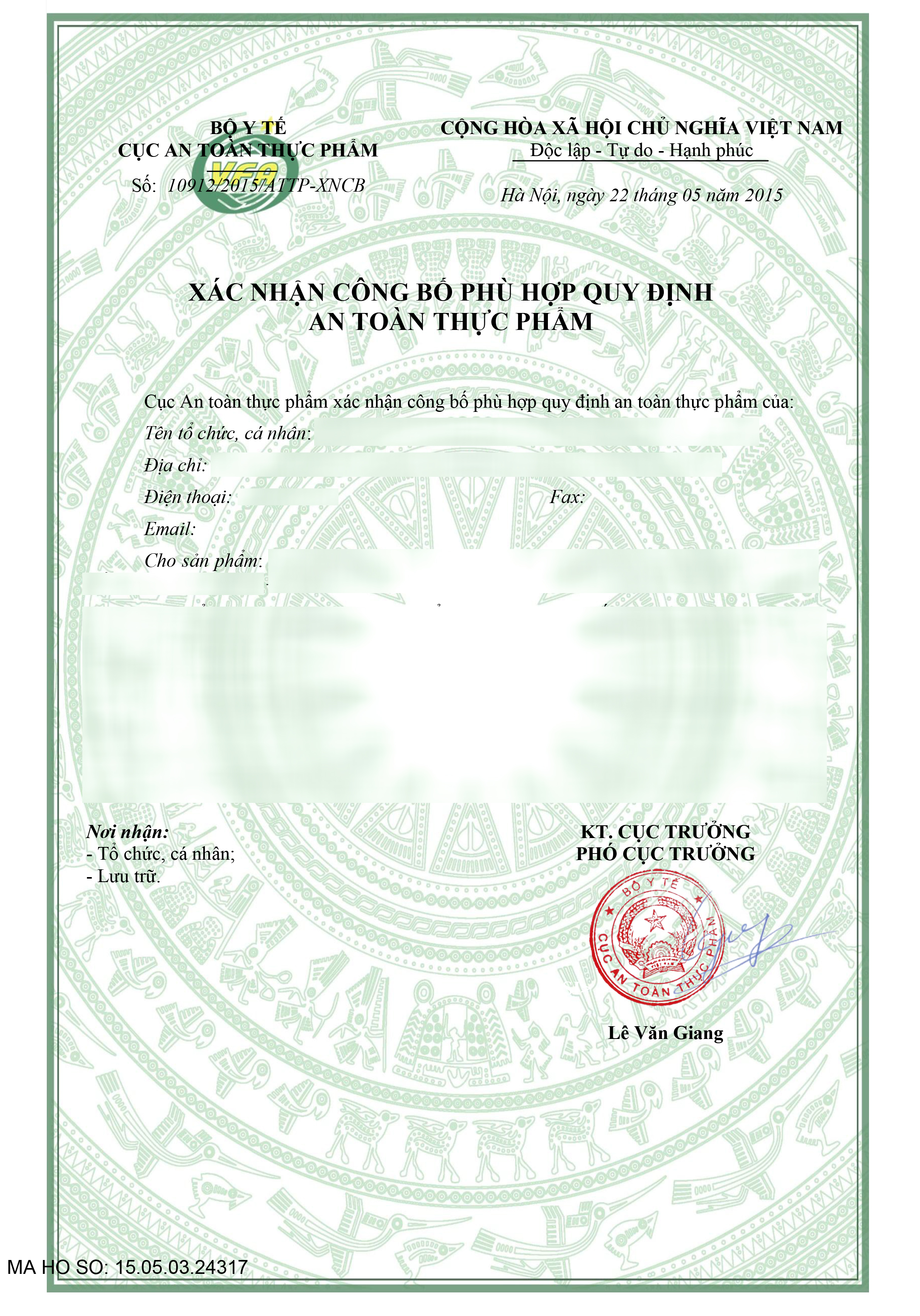 Mẫu giấy Xác nhận công bố phù hợp quy định an toàn thực phẩm của Cục An Toàn Thực Phẩm