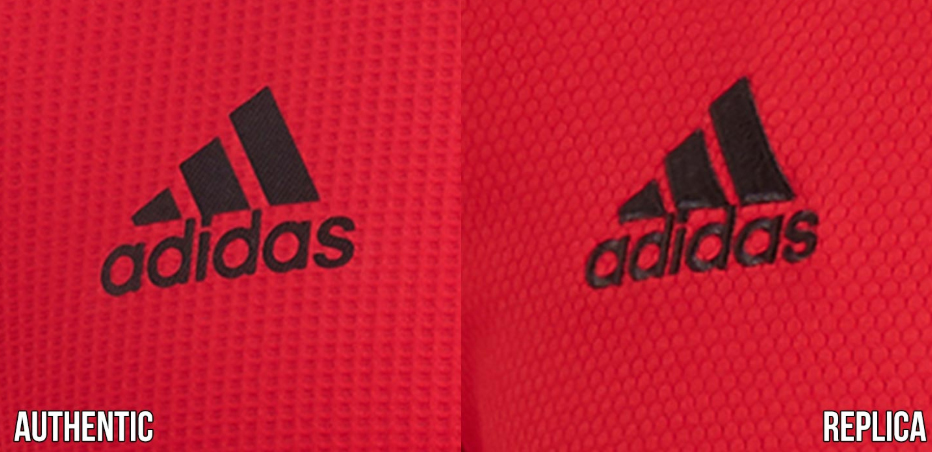 Logo Adidas, trên áo thật hoàn thiện và gọn gàng hơn (ảnh: Footyheadlines.com)