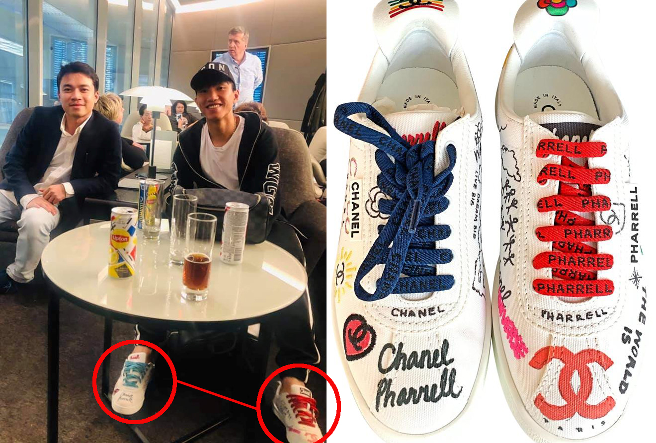 Văn Hậu mang đôi Chanel Pharrell sneaker trong khi chờ nối chuyến về Việt Nam ở Nga. (ảnh: facebook @Trung Nguyen)