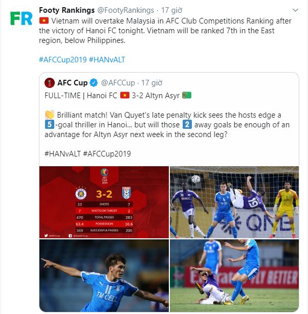 Thông báo của Footy Ranking về việc Việt Nam vượt Malaysia trên BXH châu Á